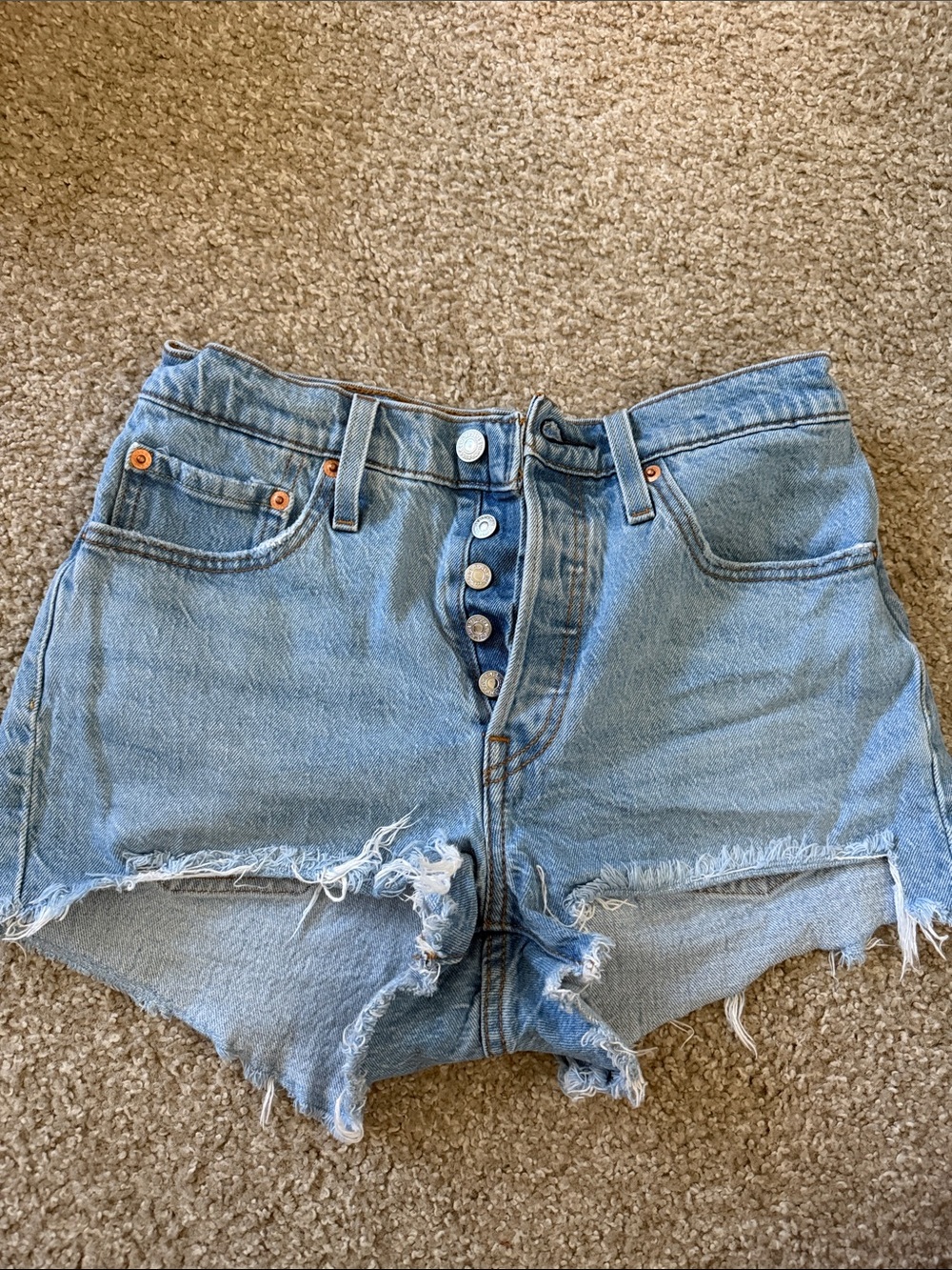 Levi's Light Blue Button-Fly Distressed Denim Shorts